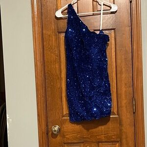 One-Shoulder Blue Sequin Dress
